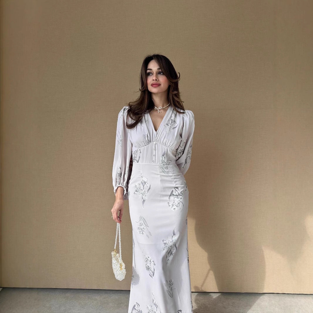 Maxiklänning Dam A-linje V-ringning Tryckt Tyg för Sommar-6