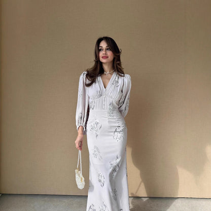 Maxiklänning Dam A-linje V-ringning Tryckt Tyg för Sommar-6