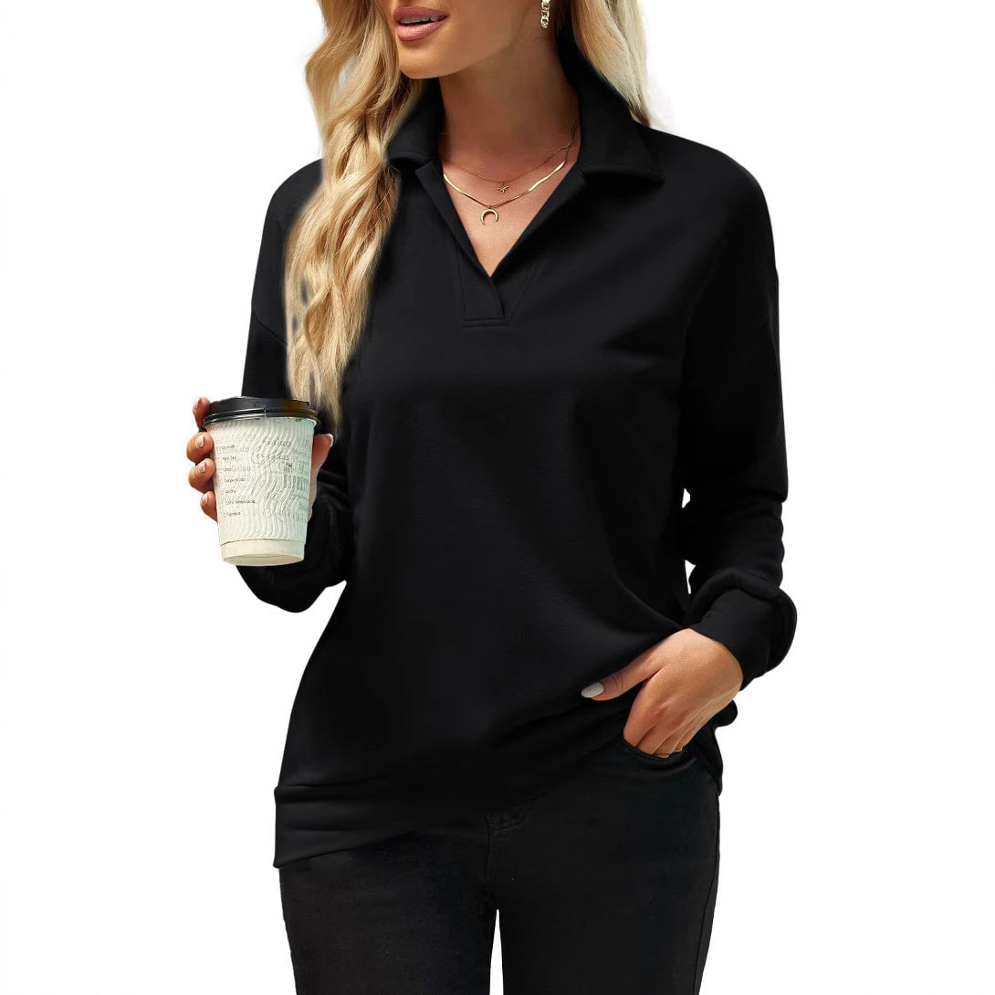 Dam Sweatshirt Långärmad V-ringad Polyester Tjocktröja för Avslappnad Stil-4