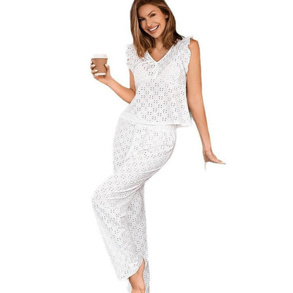 Dam Pyjamas Set Långa Byxor V-ringning Polyester-6