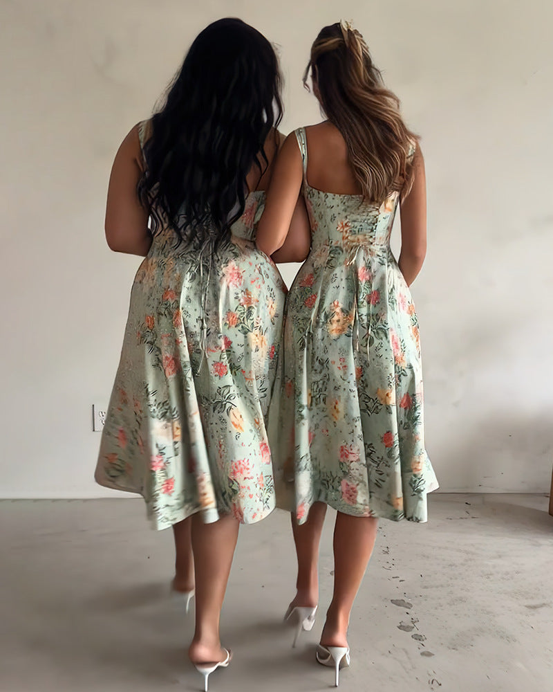 Damklänning Blommig Spaghetti-bärare Fyrvägs Stretch Elegant Brickklänning-4