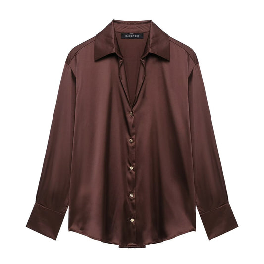 Dam Skjorta Texturerad Satin Lång Ärme Polyester-1