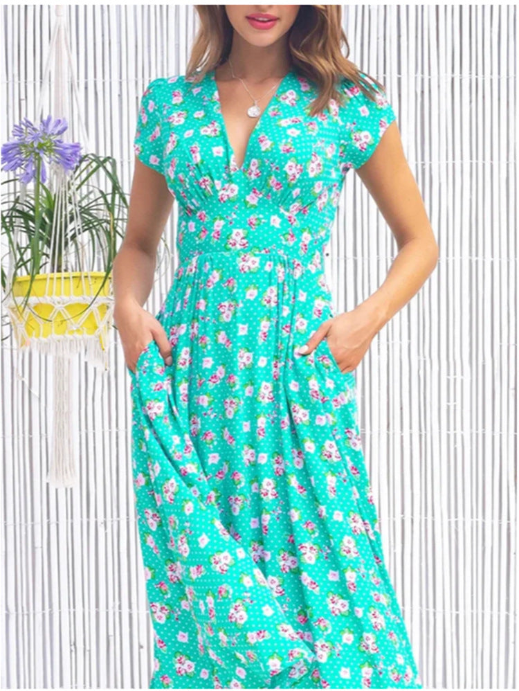 Damklänning V-hals A-linje Midi Fyrvägsstretch Bohemisk Stil 8