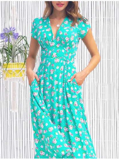 Damklänning V-hals A-linje Midi Fyrvägsstretch Bohemisk Stil 8