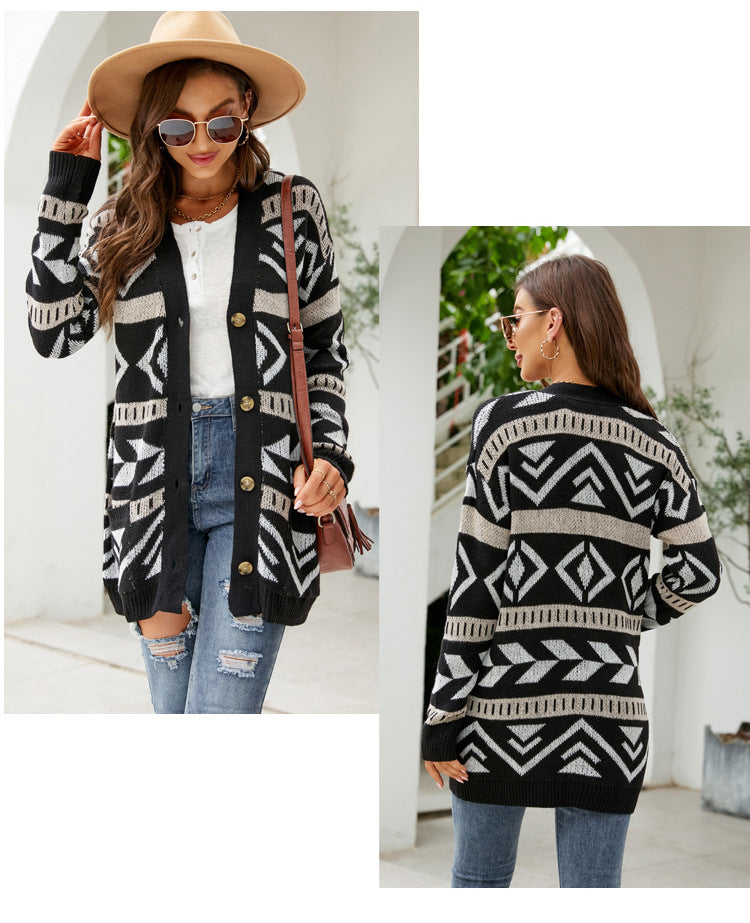 Dam Cardigan V-ringad Jacquard Akryl Löst Passform-2