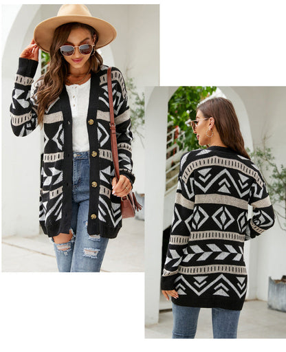 Dam Cardigan V-ringad Jacquard Akryl Löst Passform-2