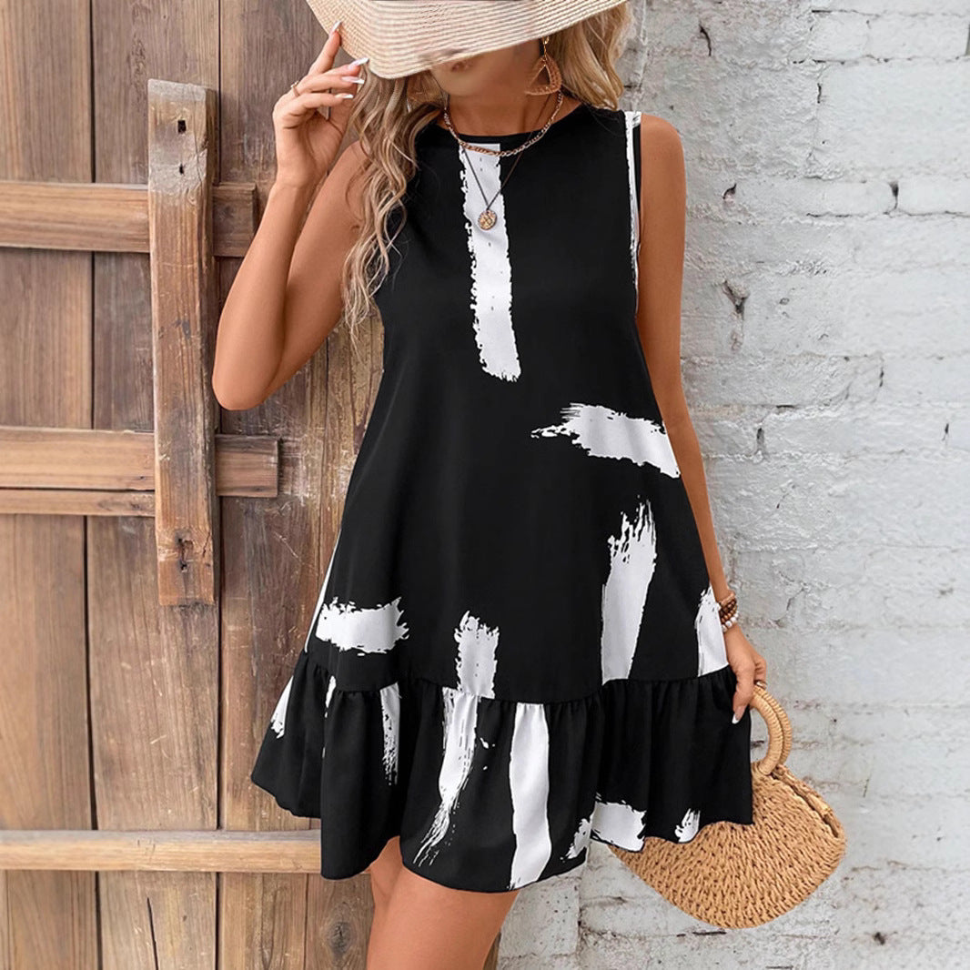 Dam Midi Klänning med Volang Randig Design för Sommar-6