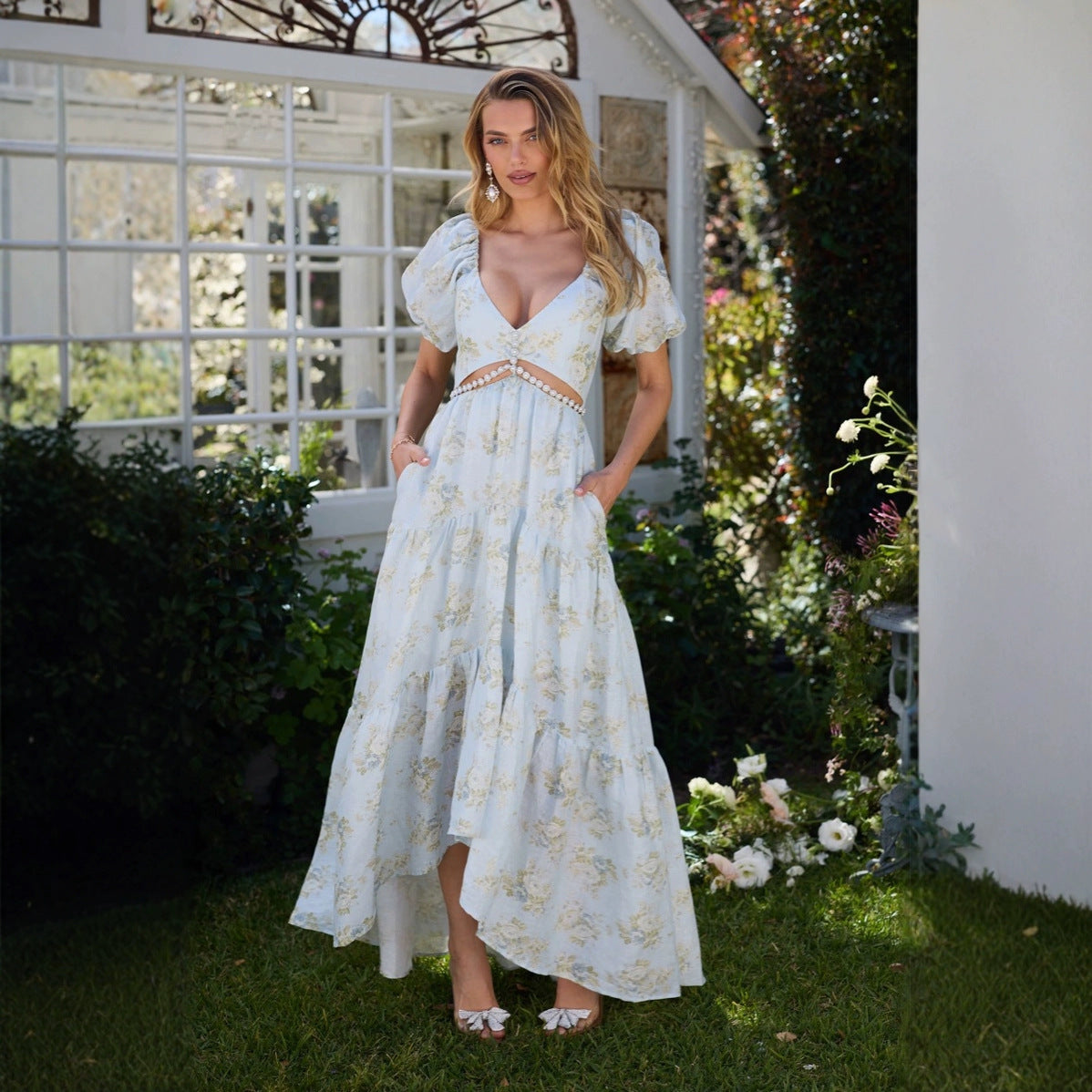 Dam V-ringad Klänning Tryckt Polyester med Slits-4