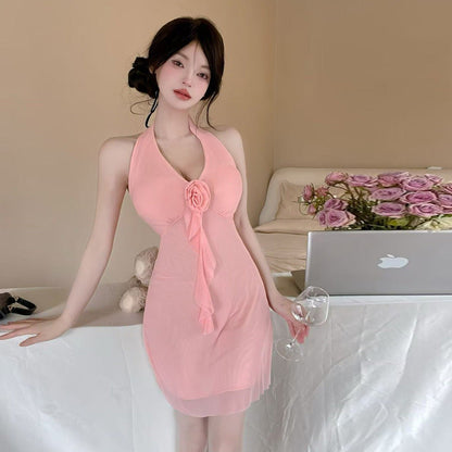 Kvinnors Mini Klänning Halterneck Polyester med Fransar-3