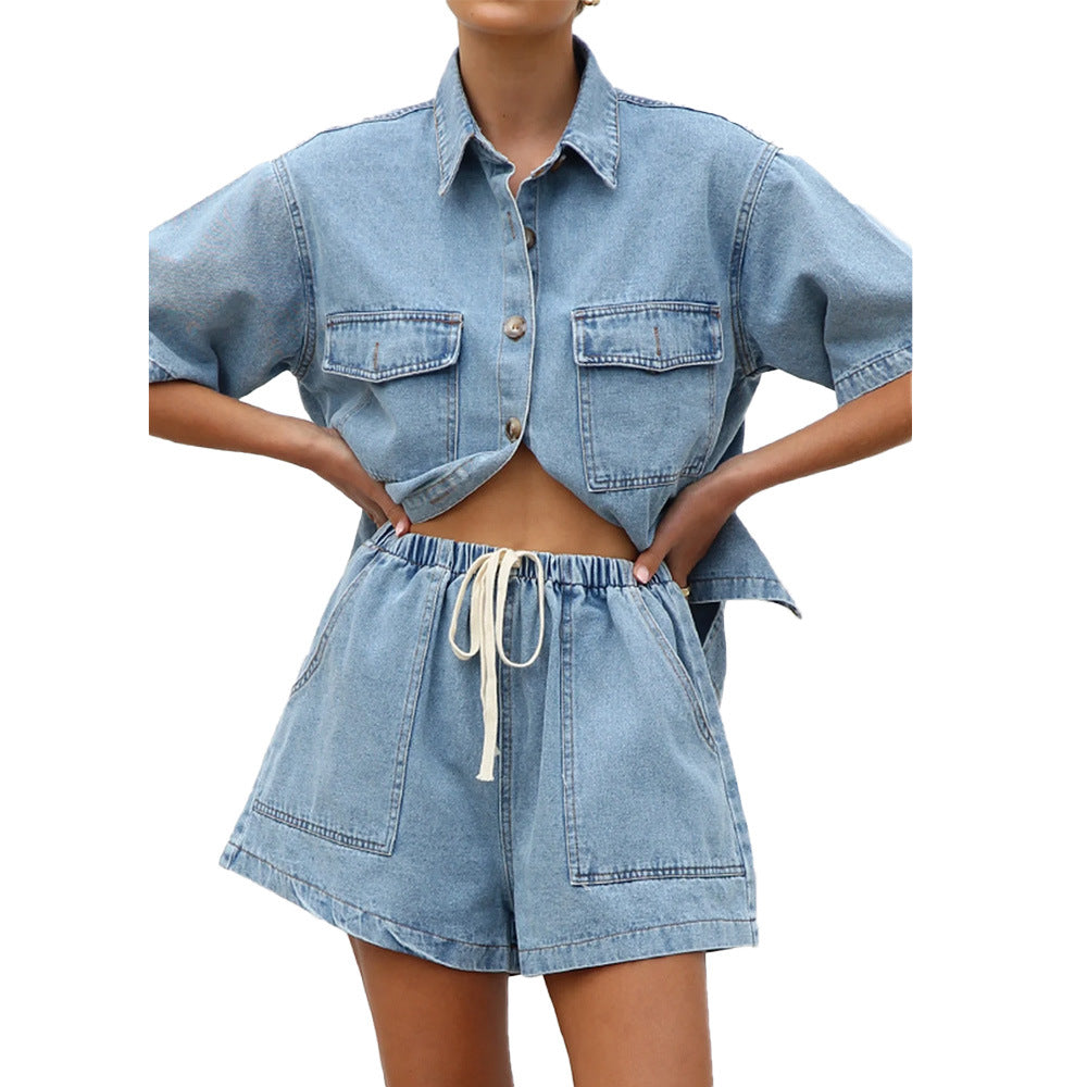 Dam Casual Denim Set Kortärmad Skjorta Shorts Denim-1