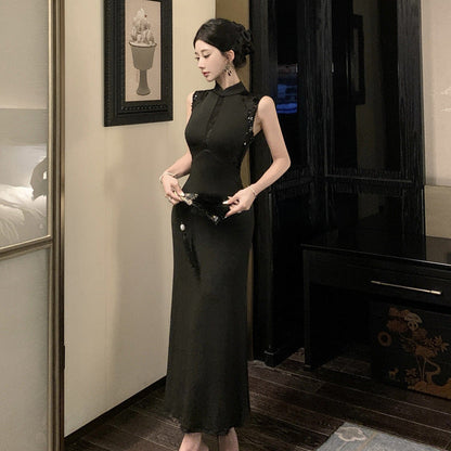Dam Klänning Qipao Ärmlös Vintage Elegant Högkvalitativt Tyg-3