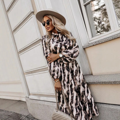 Kvinna A-Linje Klänning Zebra-tryck Polyester Långärmad-4