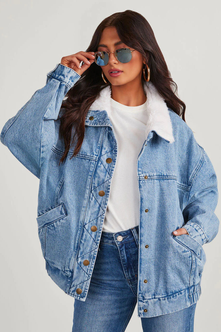 Kvinnors Denimjacka Modern Snitt Fleecekrage Denim 6