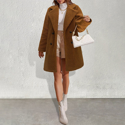 Svart Vinterkappa Dam med Vändkrage och Praktiska Knappar – Löst Sittande Teddy Kappa för Kalla Dagar 3