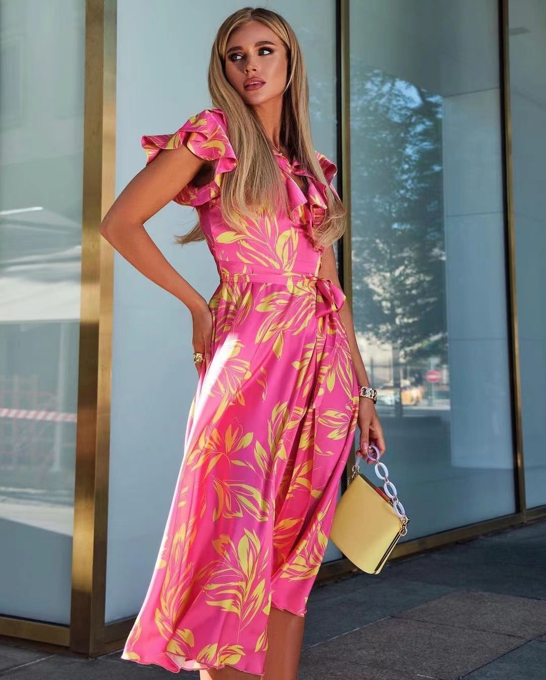 Kvinnors A-linjeformad Klänning V-ringning Polyester med Puffärmar-6