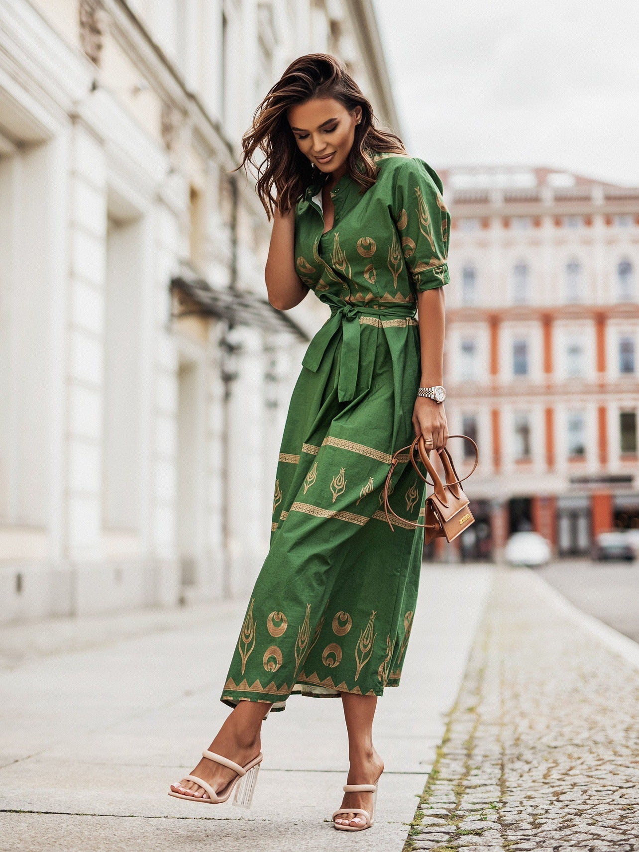 Variant image for Damklänning A-linjeformad Etniskt Tryck Polyester Långa Ärmar-1