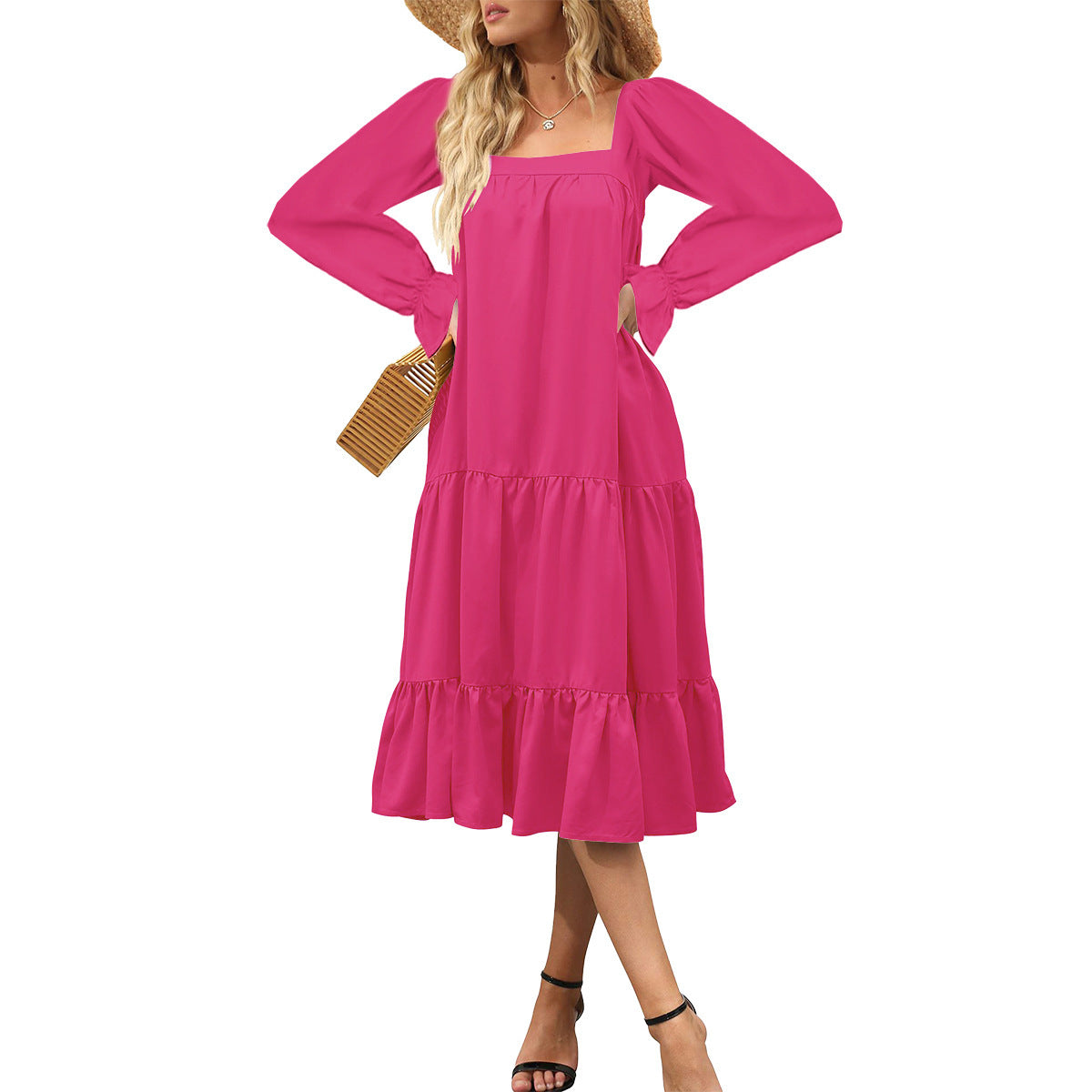 Variant image for Maxiklänning Dam A-linjeformad Viskosfiber med Långa Ärmar och Volanger-36