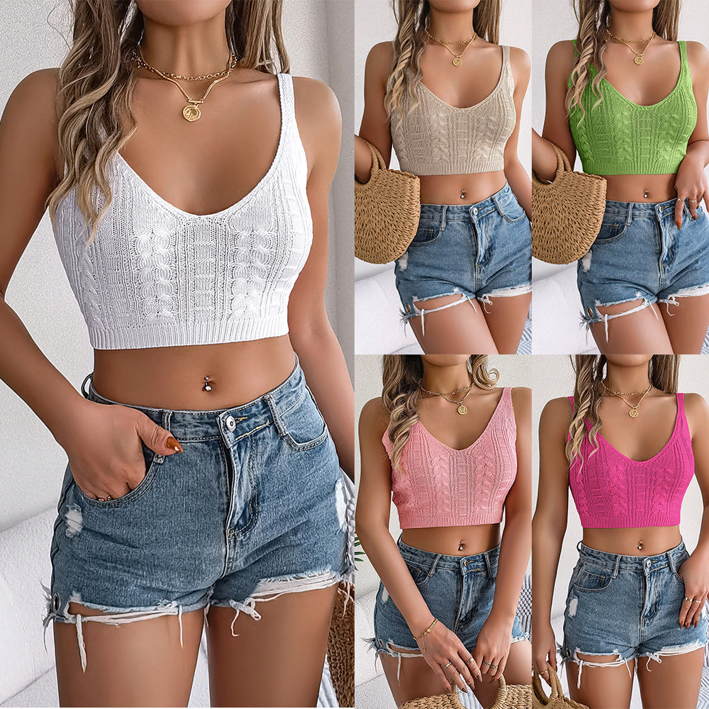 Dam Crop Top V-ringad Stickad med Twistad Detalj-2
