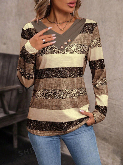 Dam Tröja V-hals Långärmad Polyester med Tre Knappar-3