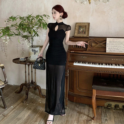 Fina Dam Klänningar Transparent Split Cheongsam Lång Topp-3