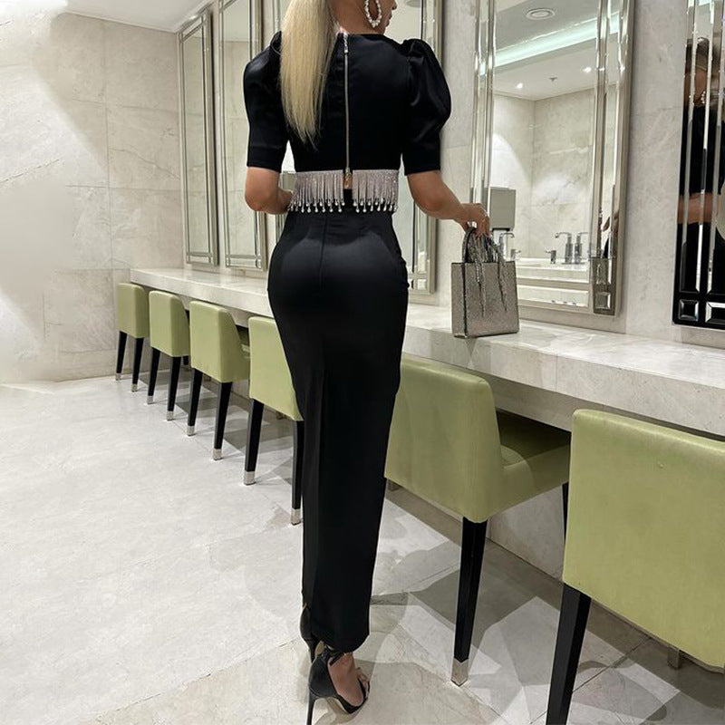 Dam Maxikjol med Stretch och Halva Ärmar i Svart-2