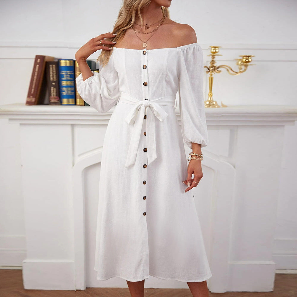 Maxiklänning Dam Off-Shoulder med Knappdetaljer och Slits i Mjukt Tyg för Sommar-4