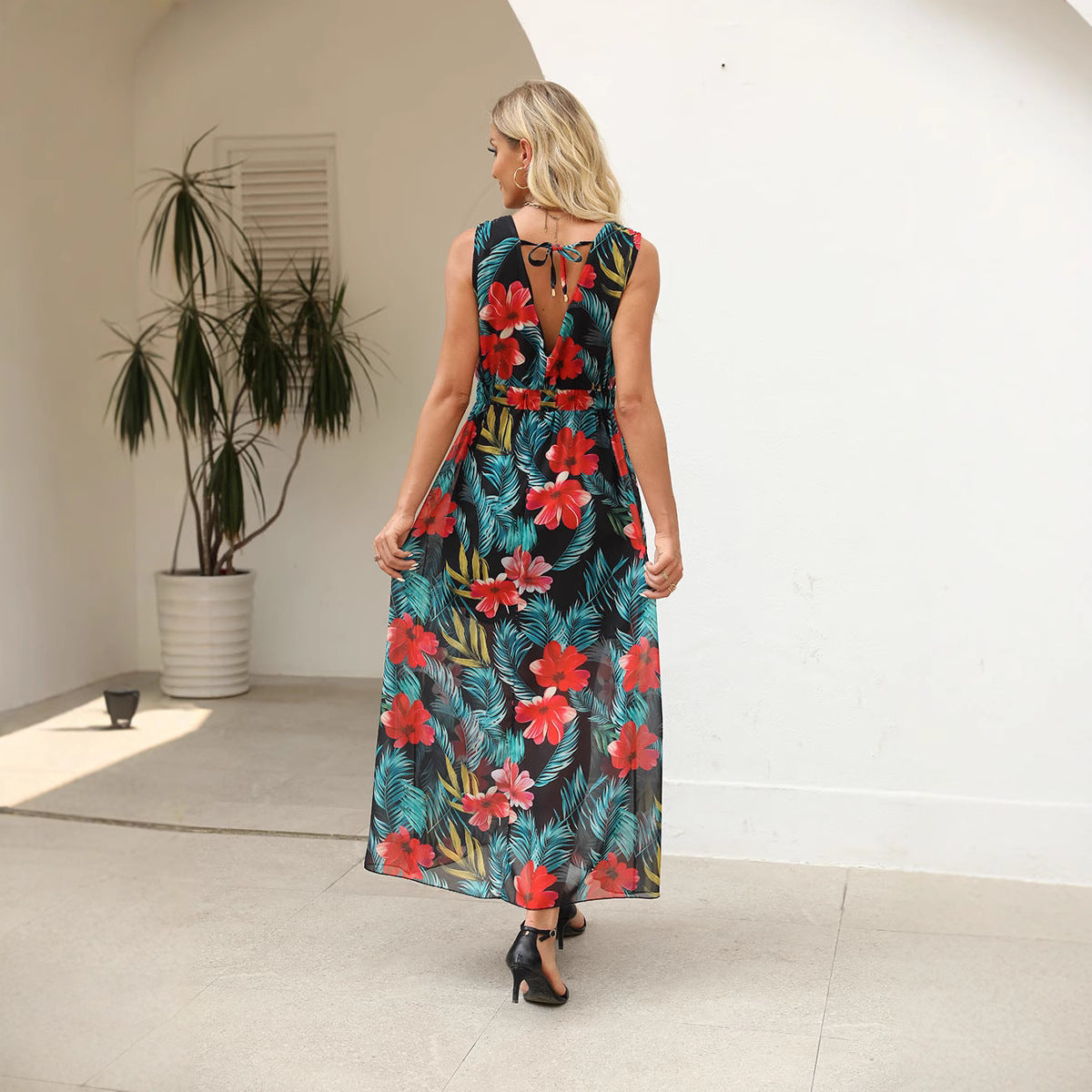 Maxiklänning Dam A-linjeformad V-ringning Polyester Ärmlös Elegant Sommar-3