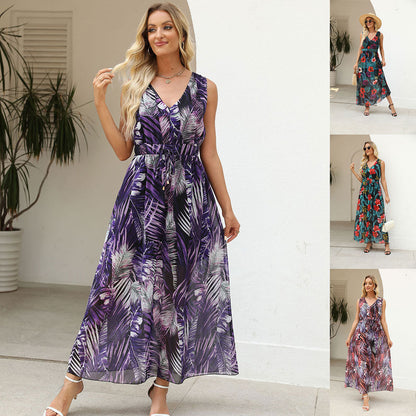 Maxiklänning Dam A-linjeformad V-ringning Polyester Ärmlös Elegant Sommar-2