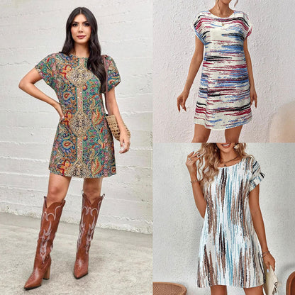 A-linjeformad Klänning för Kvinna med Kort Ärmar i Polyester – Blommönster och Färgglada Ränder 2