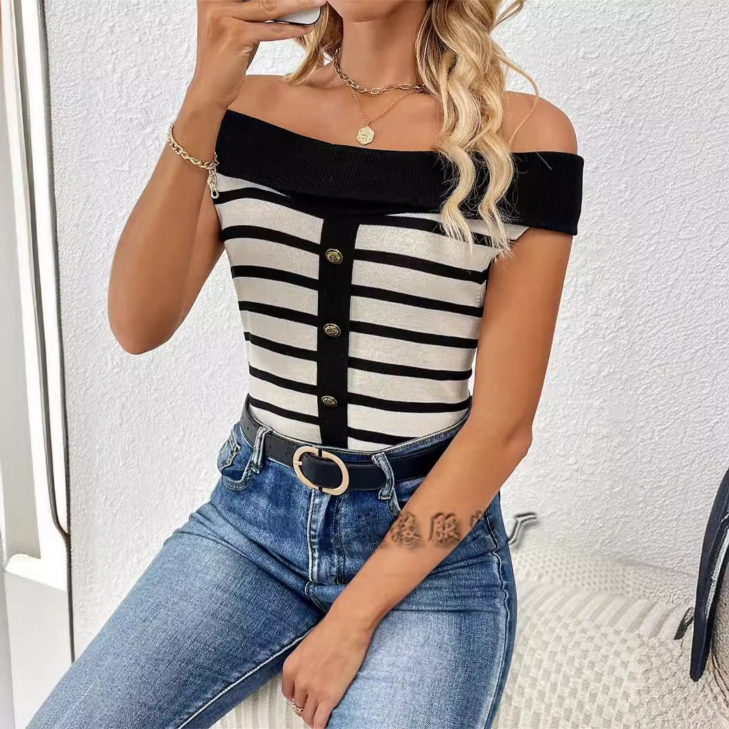 Dam Off-Shoulder Tröja Randig Viskos Nylon-5