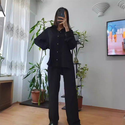 Tvådelat Set Dam Långärmad Topp och Vida Byxor Spandex-4