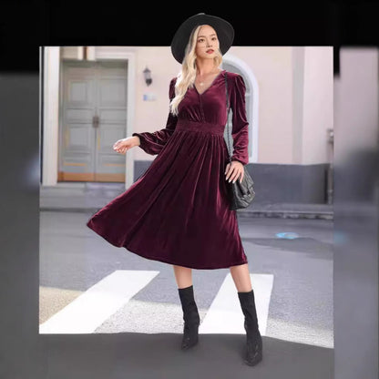 Kvinna Lång Klänning Veckad Polyester Pullover-4