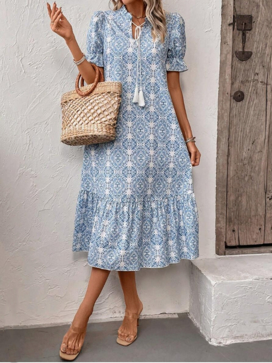 Kvinna A-Linje Klänning Rüschen V-Hals Polyester-5