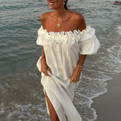 Damklänning Off-Shoulder A-linje Spetsbomull med Puffärmar-2