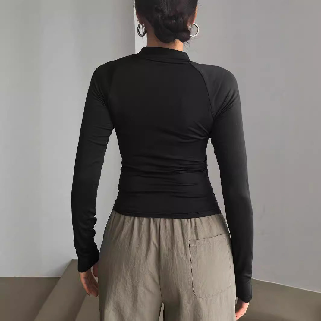 Dam Kort Topp Halvöppen Krage Polyester Långärmad-2