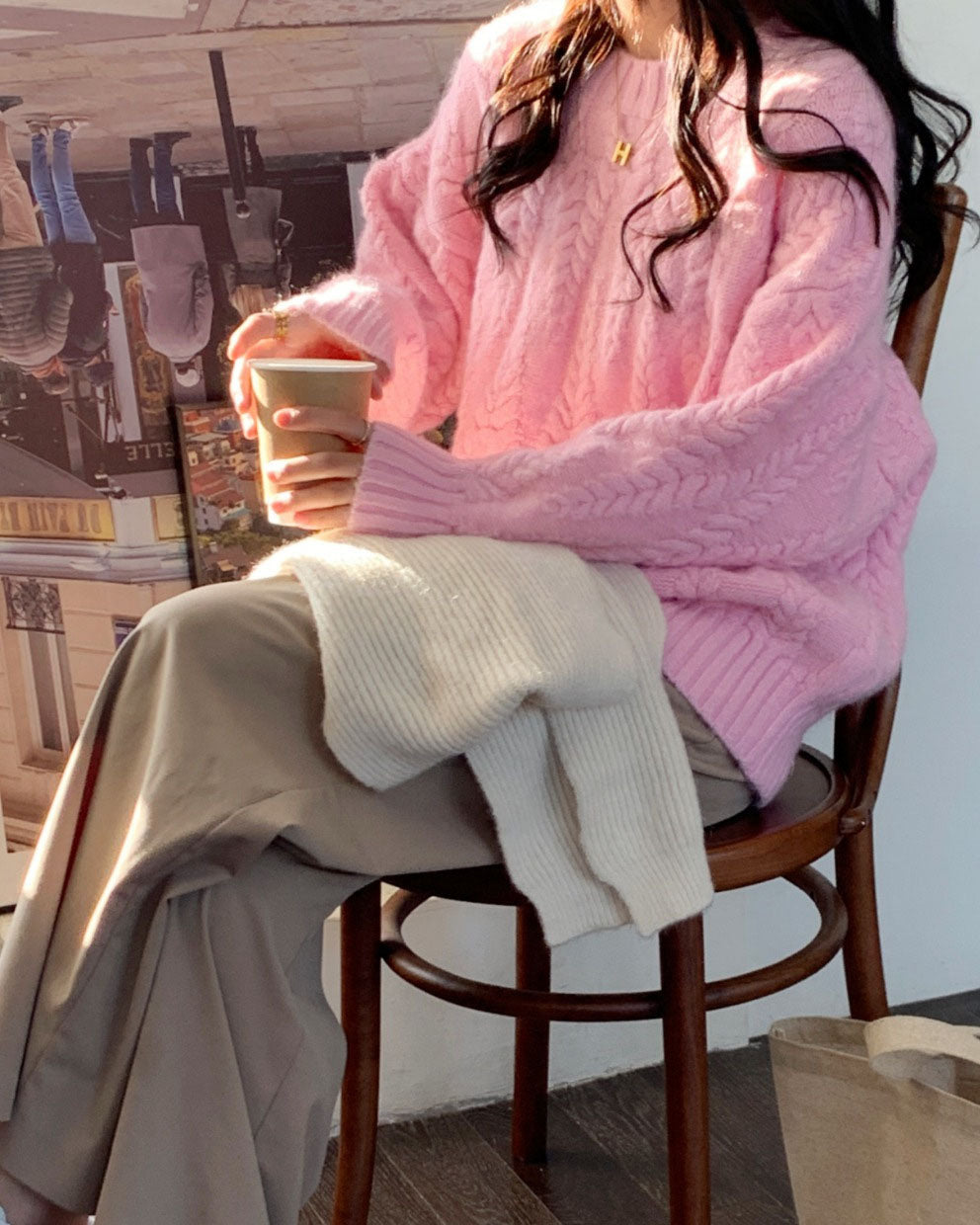 Dam Stickad Tröja Löst Vridmönster Mjuk Material 4