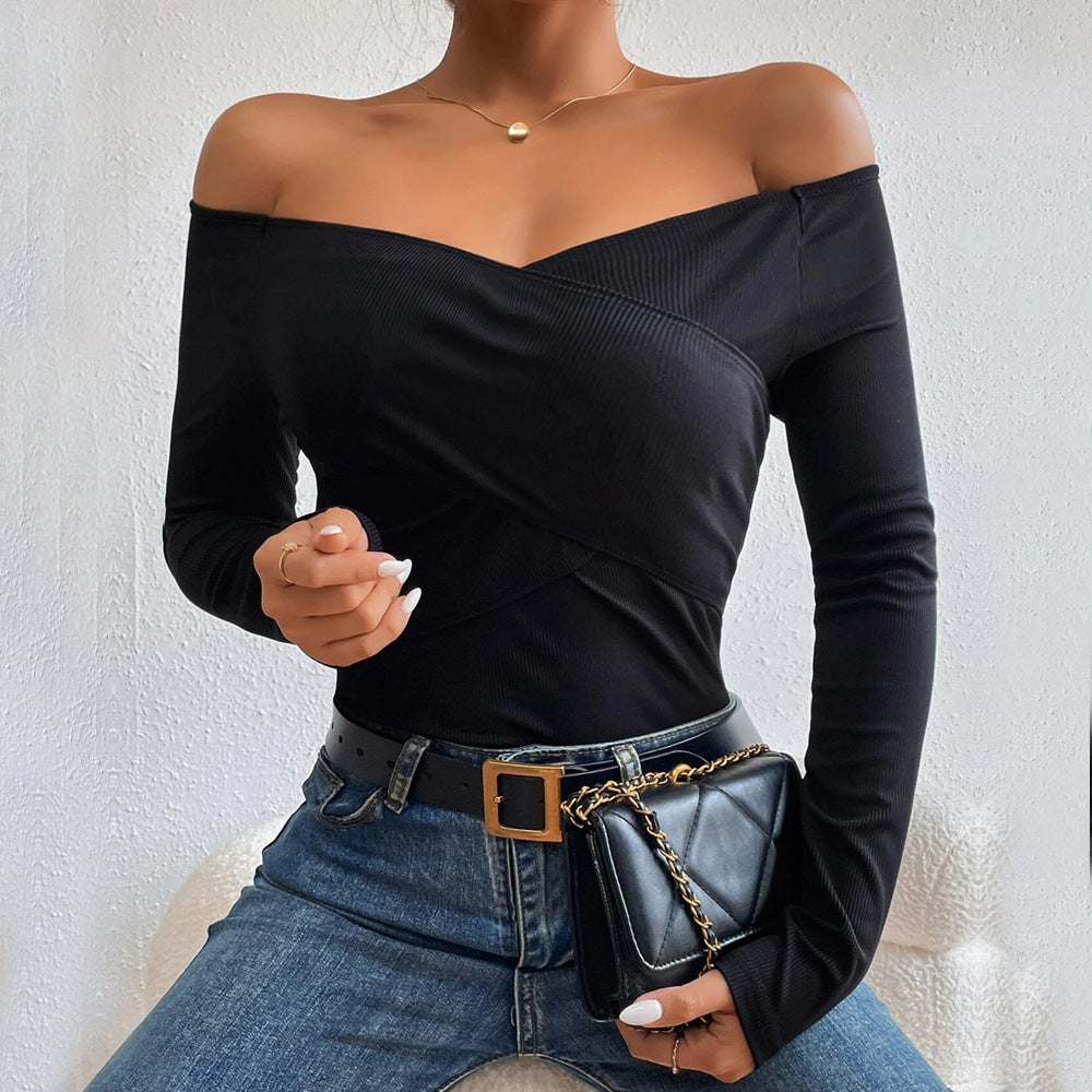 Dam Off Shoulder Festtopp Andningsbart Elastiskt Material 5