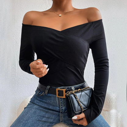 Dam Off Shoulder Festtopp Andningsbart Elastiskt Material 5