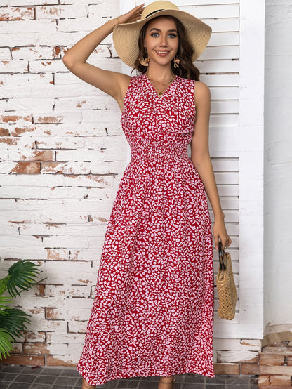 A-linjeformad Maxiklänning Dam med Blommönster, Ärmlös V-ringning, Lång Klänning i Polyester 1