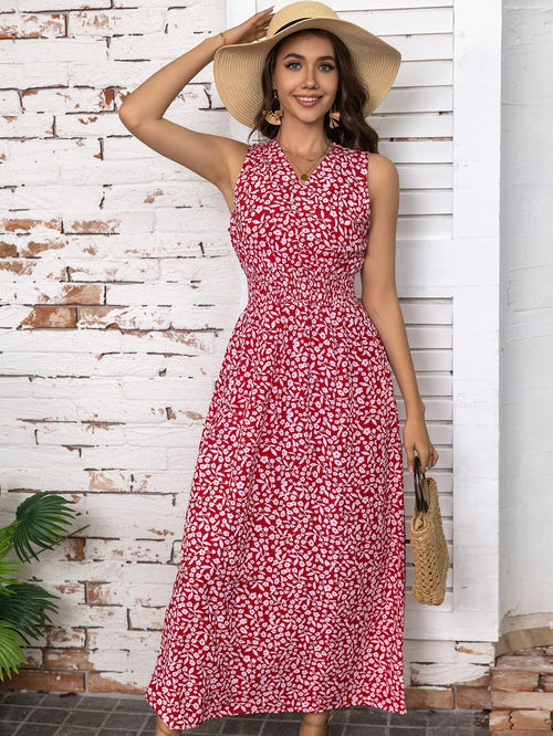 A-linjeformad Maxiklänning Dam med Blommönster, Ärmlös V-ringning, Lång Klänning i Polyester 1