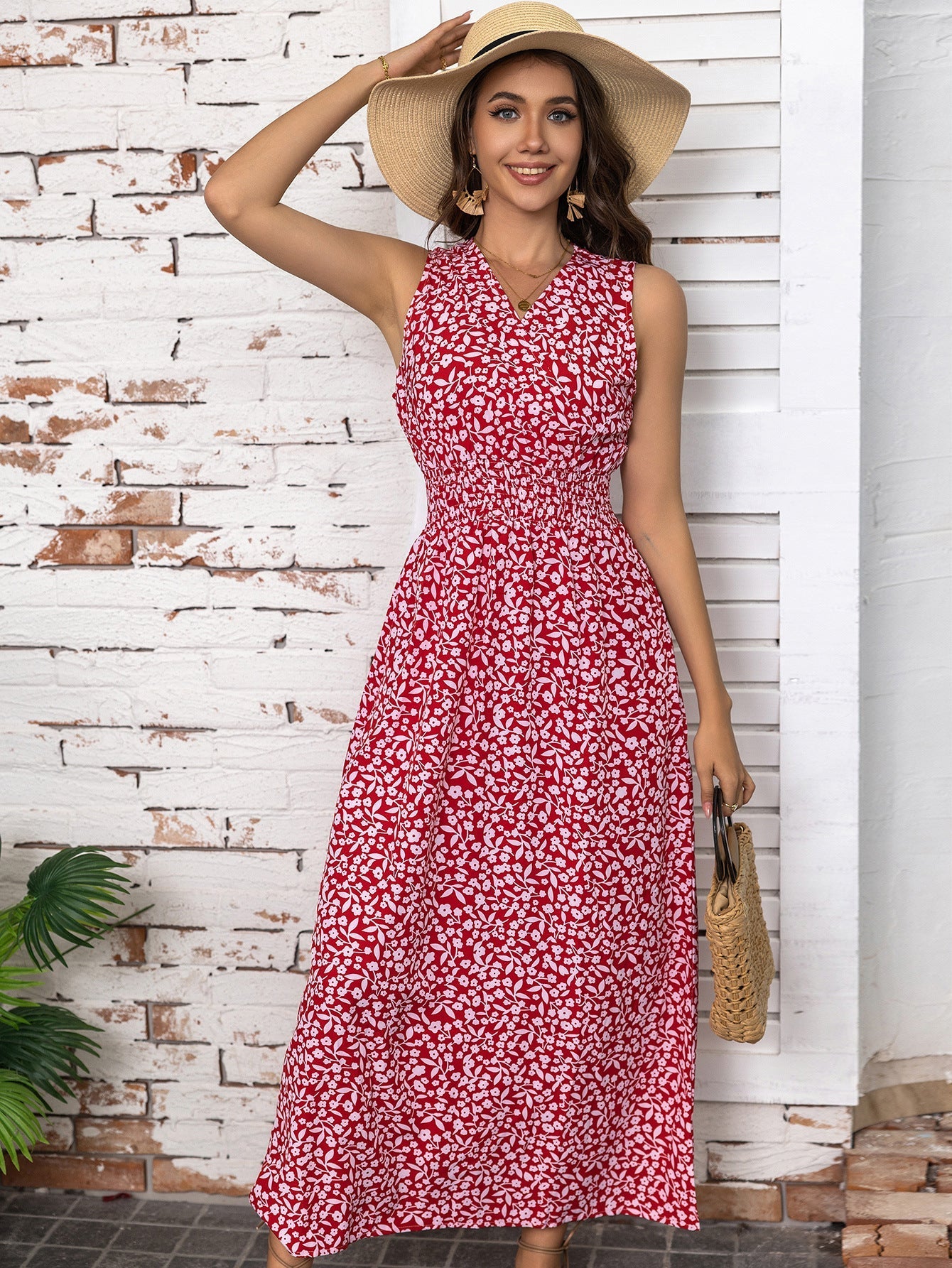 A-linjeformad Maxiklänning Dam med Blommönster, Ärmlös V-ringning, Lång Klänning i Polyester 6