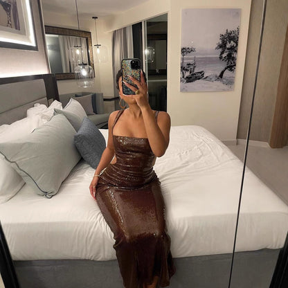 Damer Aftonklänning Glittrande Detaljer Justerbara Spaghettiband Mjuk Foder-5