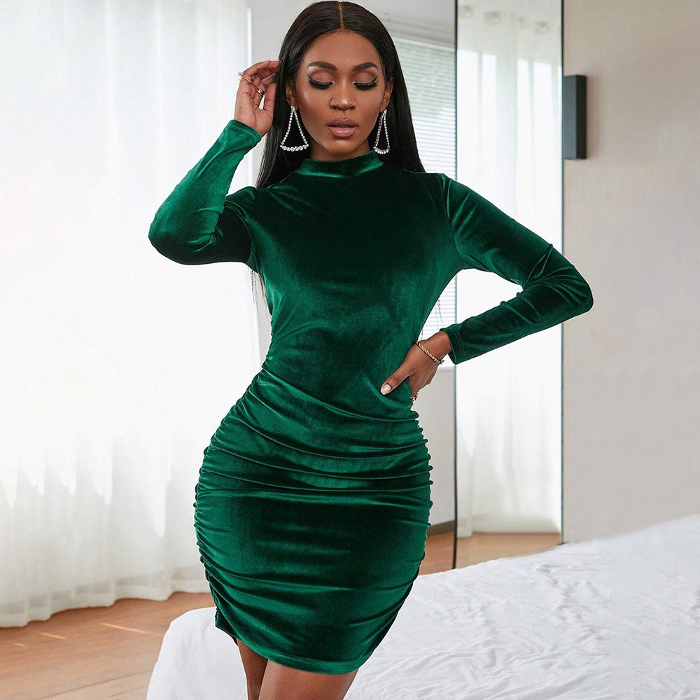 Dam Klänning Bodycon Höghalsad Sammet Minikjol-4