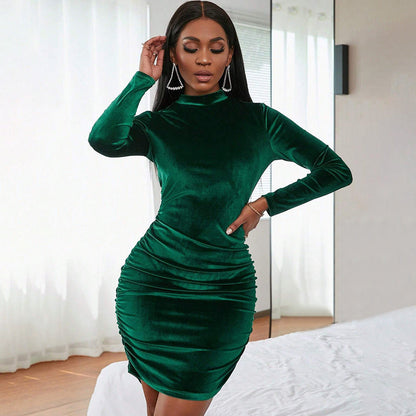 Dam Klänning Bodycon Höghalsad Sammet Minikjol-4