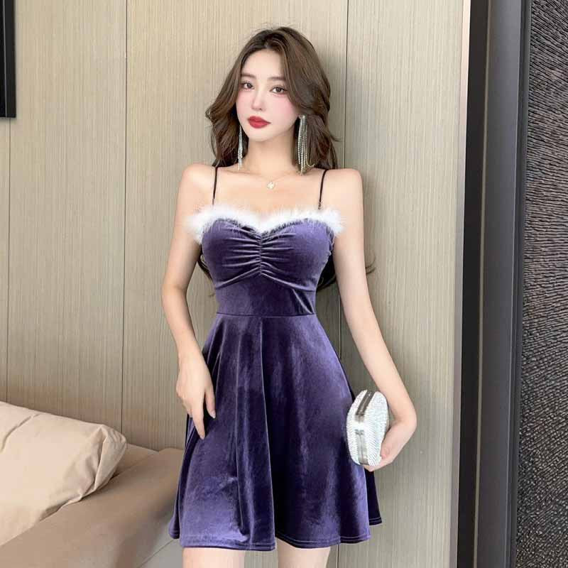 Variant image for Fina Dam Klänningar Off Shoulder Sammet Kort Kjol Spaghetti Strap-7