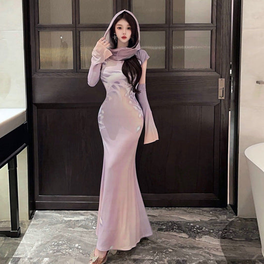 Dam Klänning Bodycon Maxi Stretch Mesh med Huva-1
