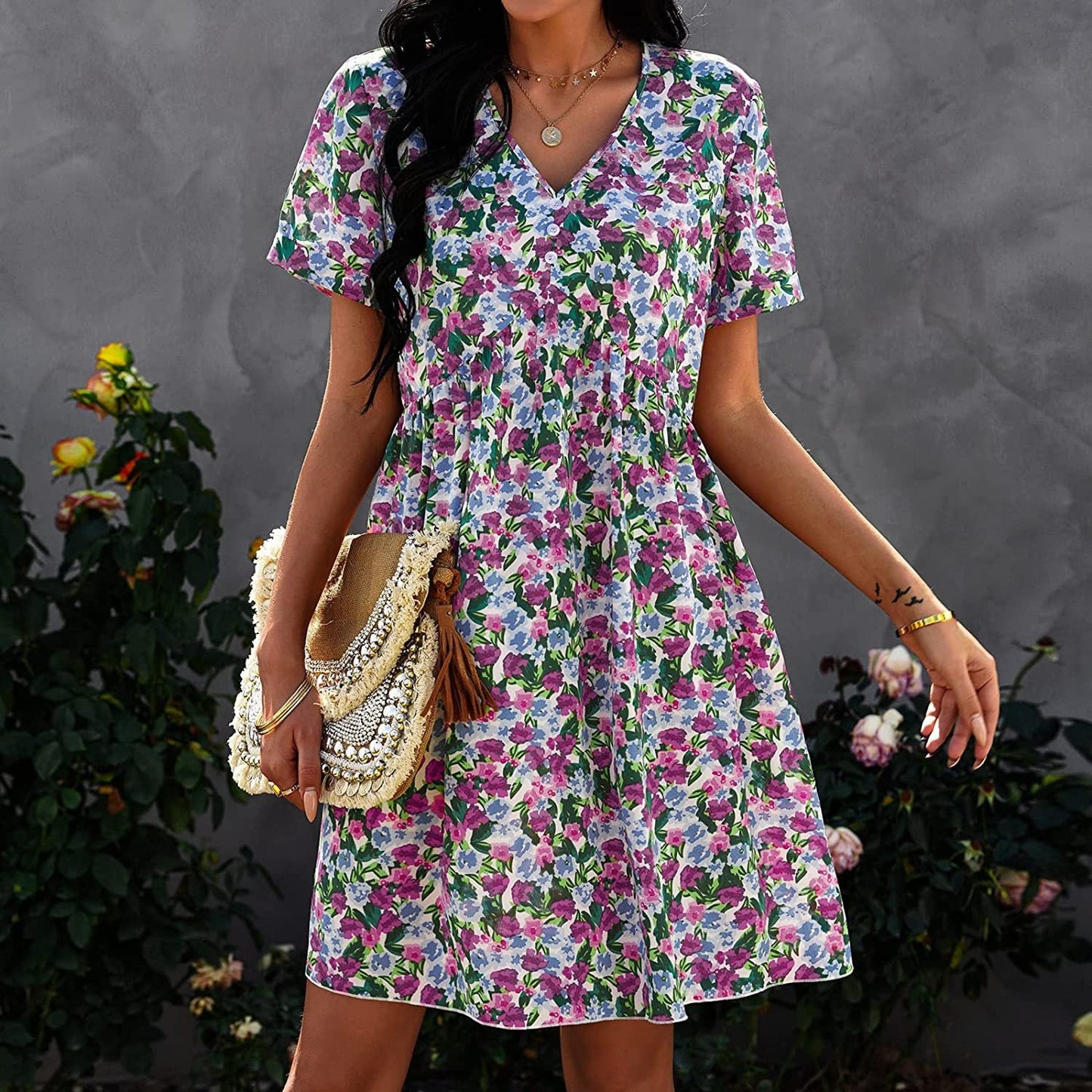 Variant image for Kvinna Fritidsklänning Blommig Bomull Avslappnad-7