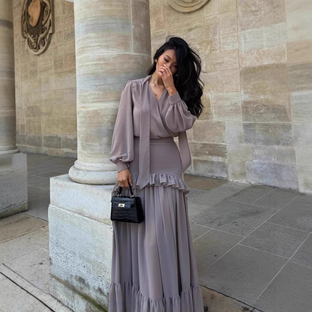 Dam Maxikjol Lång Ärmar Patchwork Högkvalitativt Tyg-2