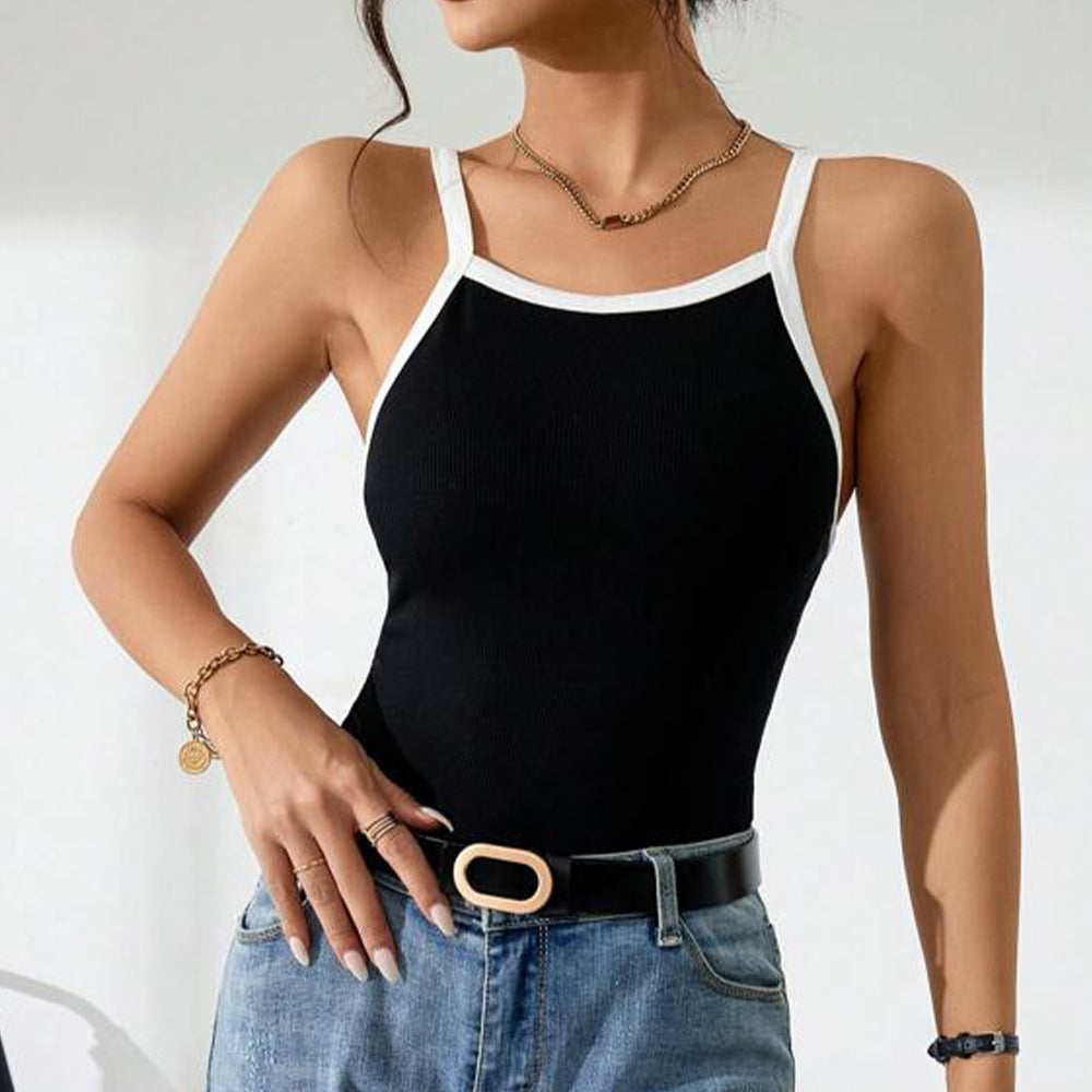 Dam Tank Top Färgblockerande Högelastisk Ribbat Stickat Tyg-1