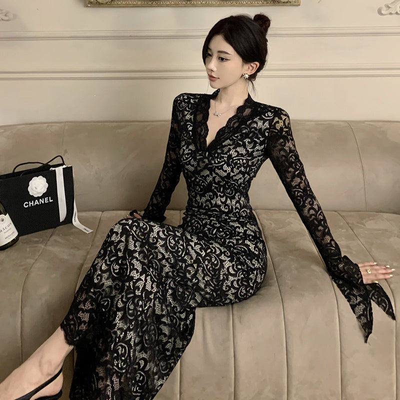 Dam Klänning V-ringad Tight Polyester med Slits-4